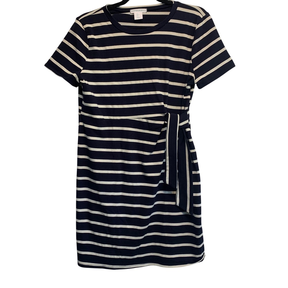 Cynthia Rowley Striped Side Tie T-Shirt Dress Size L Navy White Short Sleeve